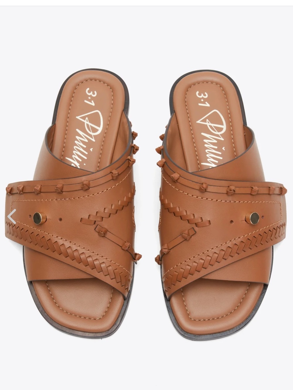 Studded Tan Leather Slide Sandals - Women